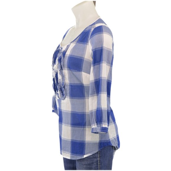 American Eagle Blue Plaid Ruffle Blouse (S) - Picture 2 of 3